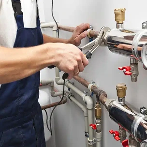 Un plombier travaillant sur des tuyaux dans une pièce.