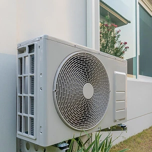 Une pompe à chaleur à côté d'une plante.