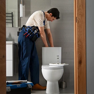 Un plombier debout réparant des toilettes dans une salle de bain.
