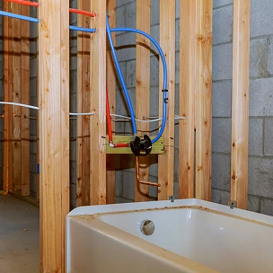 Une baignoire à l'intérieur d'une salle de bain en construction.