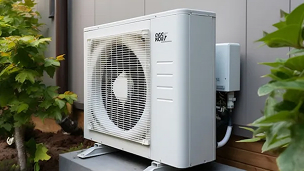 Une pompe à chaleur à côté d'une plante.